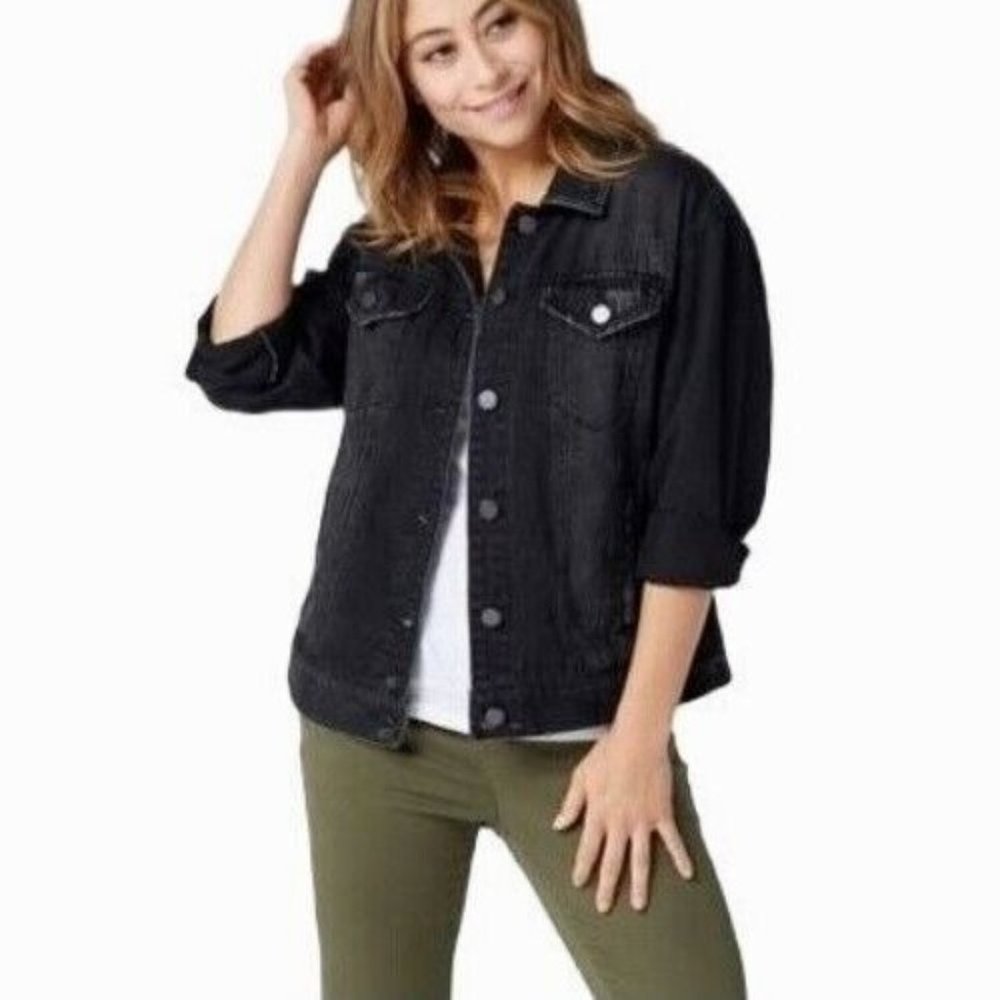 Rachel Hollis Black Denim Jean Jacket Size Large Womens Distressed A368016